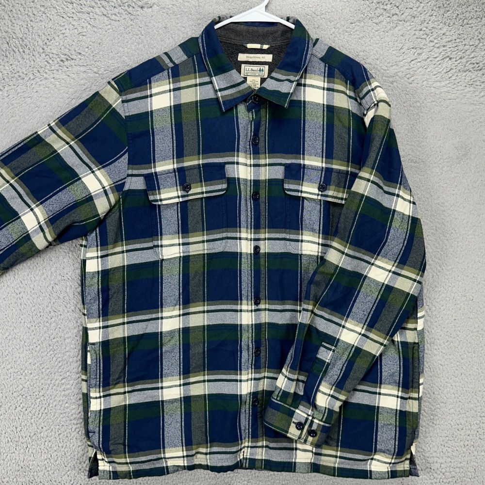 L.L. Bean Shacket Flannel Mens XL Blue Plaid Fleece Lined Shirt‎ Jacket Pockets